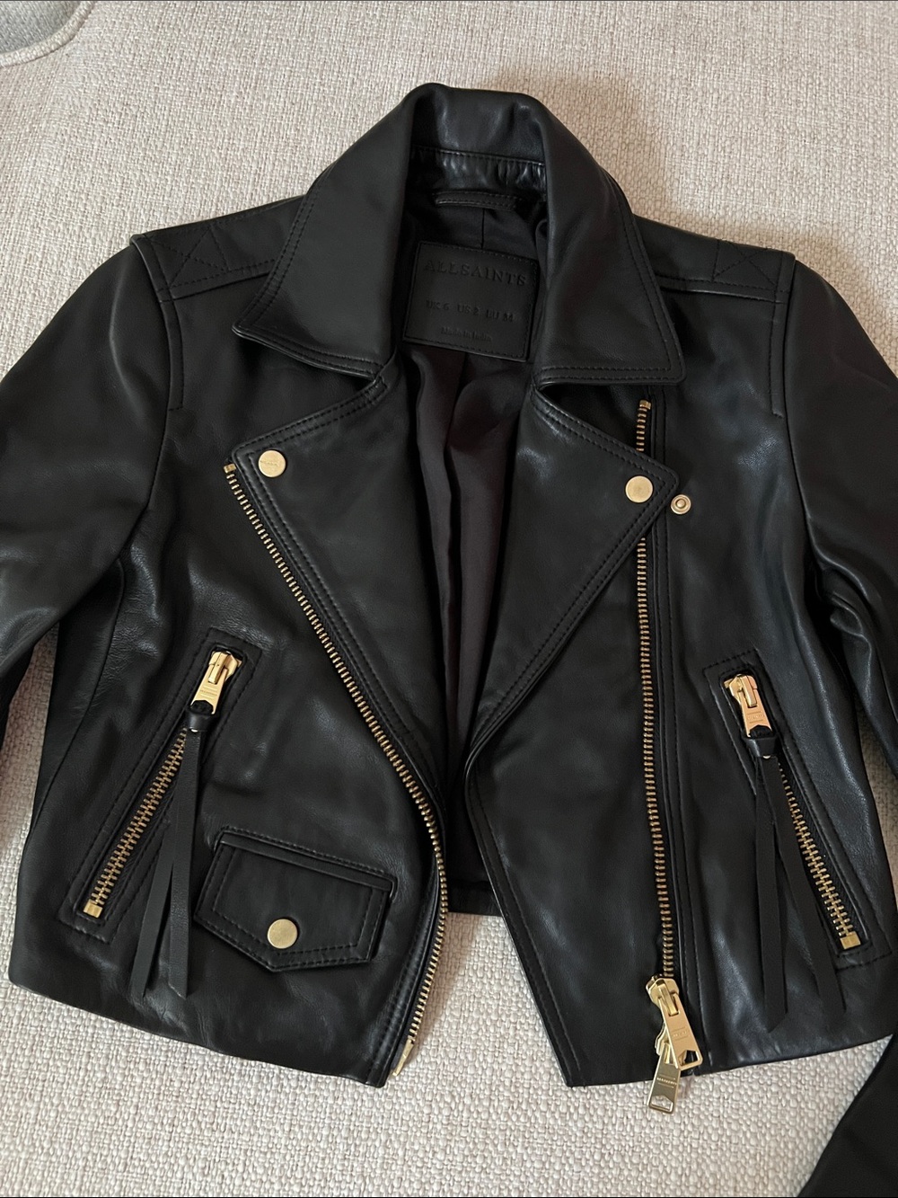 All Saints Black Leather Biker Jacket with Gold Hardware
